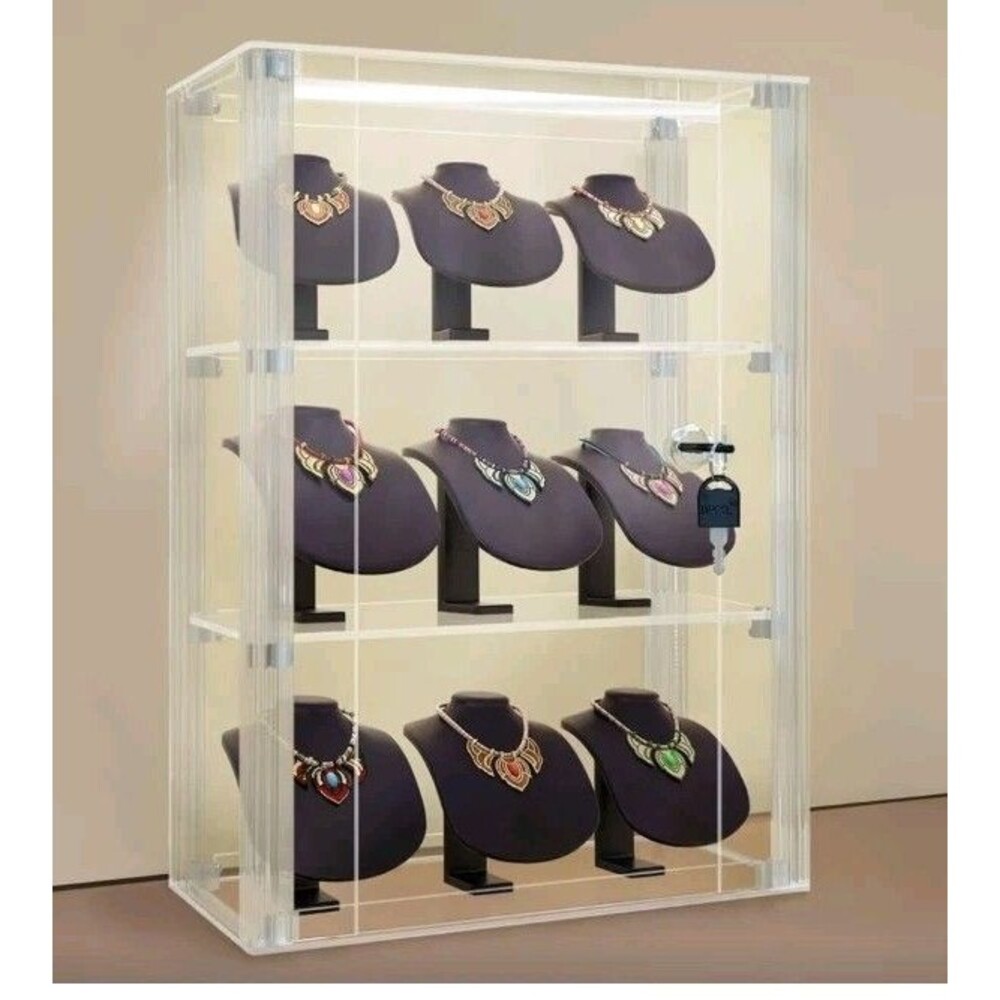 3 Tier Acrylic Display Case w/ Lock/Light Dust Proof Countertop Organizer Unused